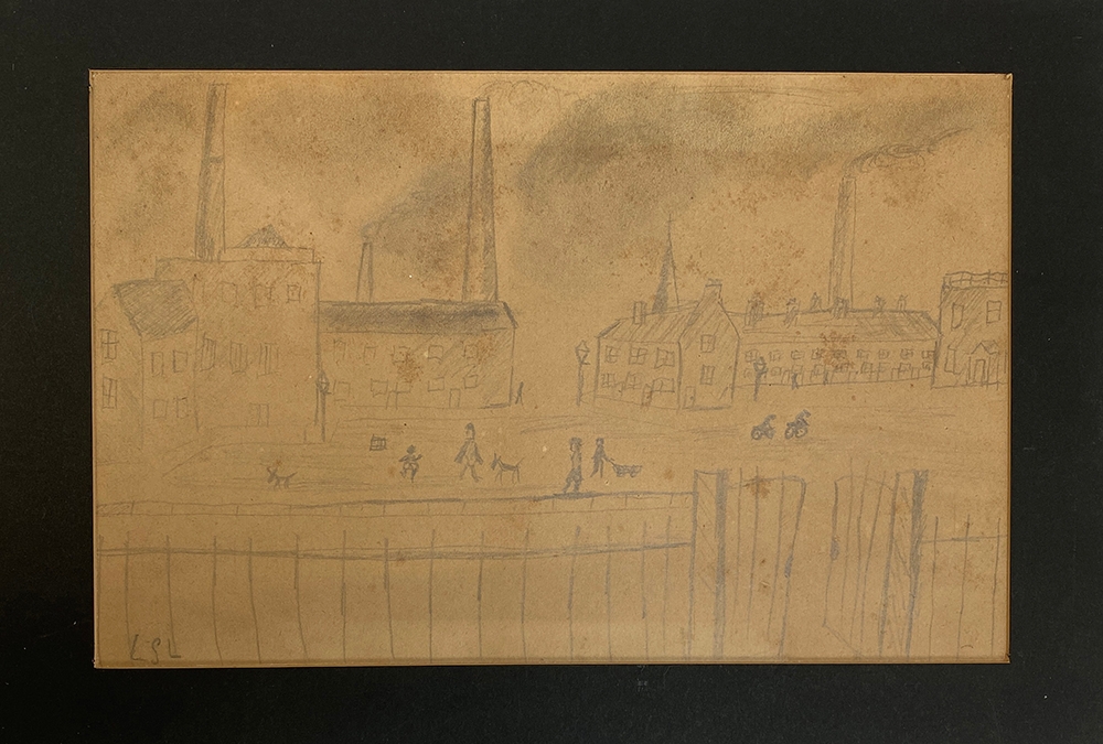 Manner of Lowry, pencil study of figures and a factory, 17x26cm