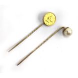 A gold 1851 United States of America One Dollar stickpin, with repaired drilled hole, gross weight