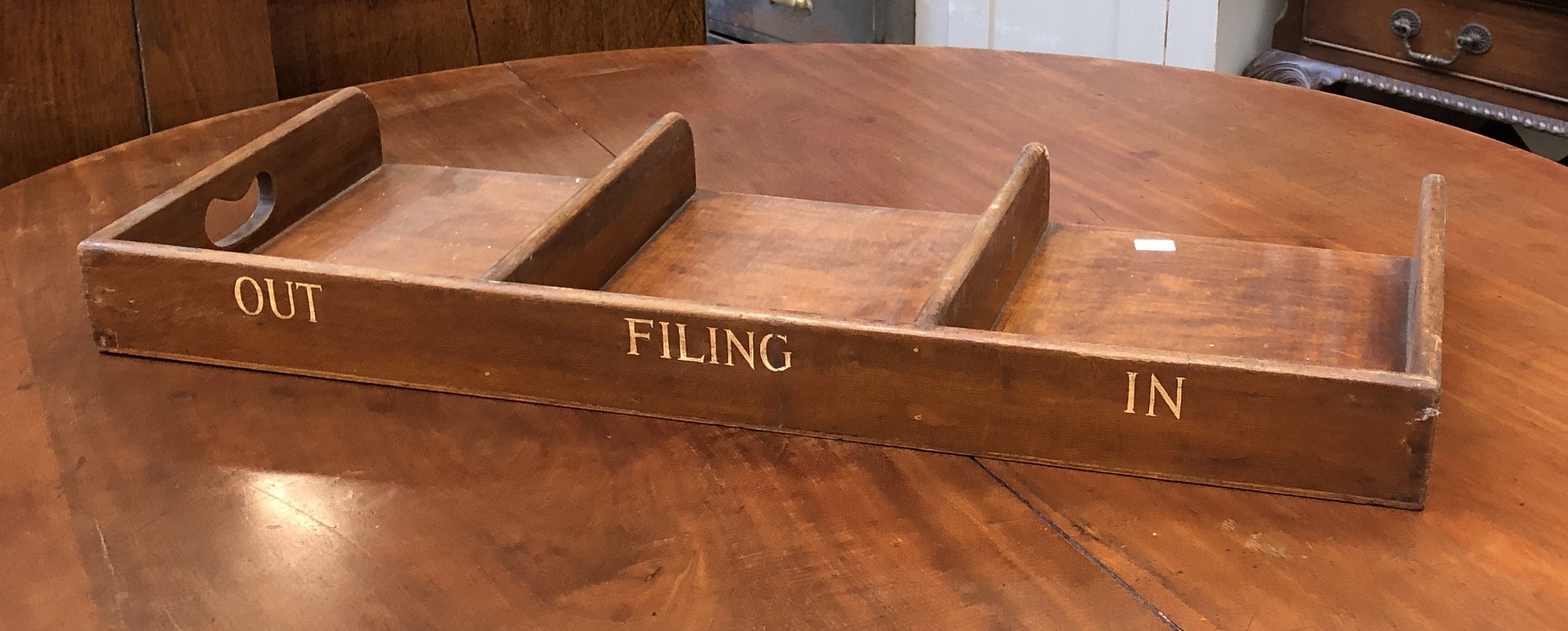 A mahogany desk tray, 'In, Filing, Out', 70.5x33x6.5cm; each section approx 31x21.5m - Image 3 of 3
