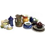 A mixed lot of ceramics to include aubergine shaped jug; Doulton foot warmer; Victorian twin handled