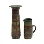 A Torquil, Henley-in-Arden studio pottery vase, 38cmH, and pitcher, 23cmH
