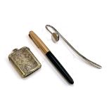 A hallmarked silver bookmark, 15g; a Parker pen; and a vesta with engraved design