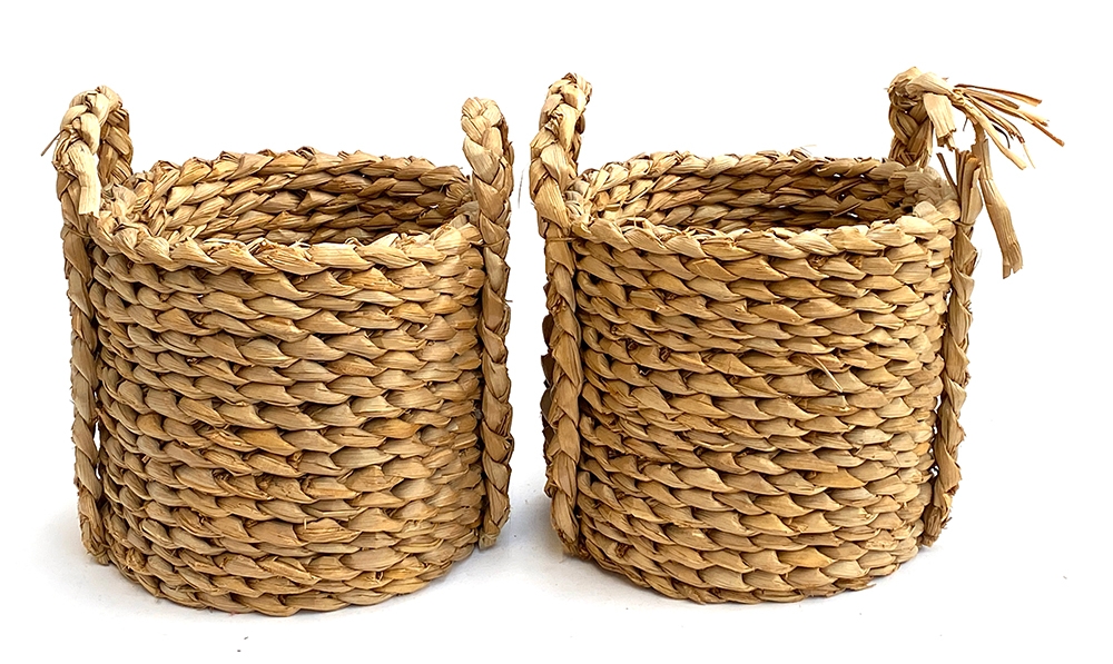 A pair of rush waste paper baskets (one with handle af), 33cmH