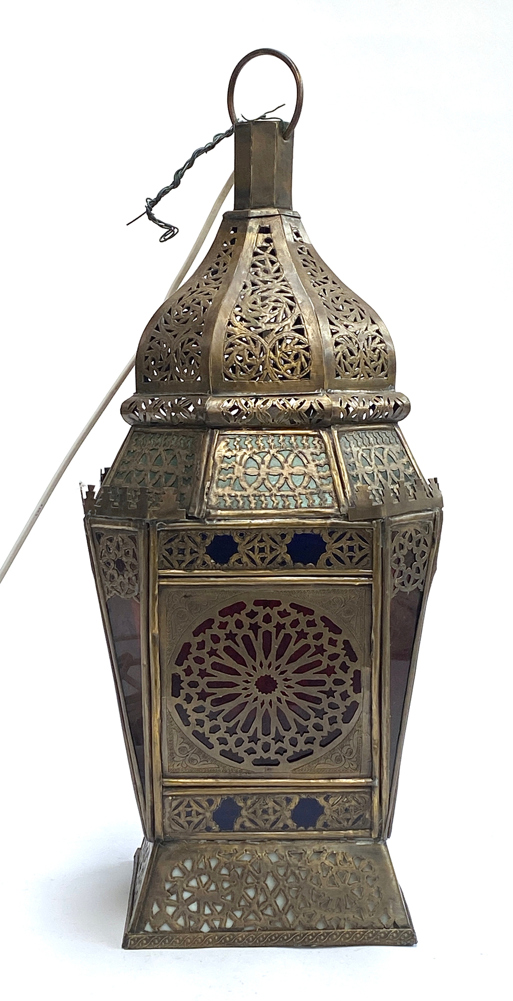 An eastern pierced metal and coloured glass lantern, fitted for electricity, 52cmH - Image 3 of 4