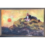 A 20th century oil on canvas depicting a hilltop village at sunset, signed Shakti, 76x126cm