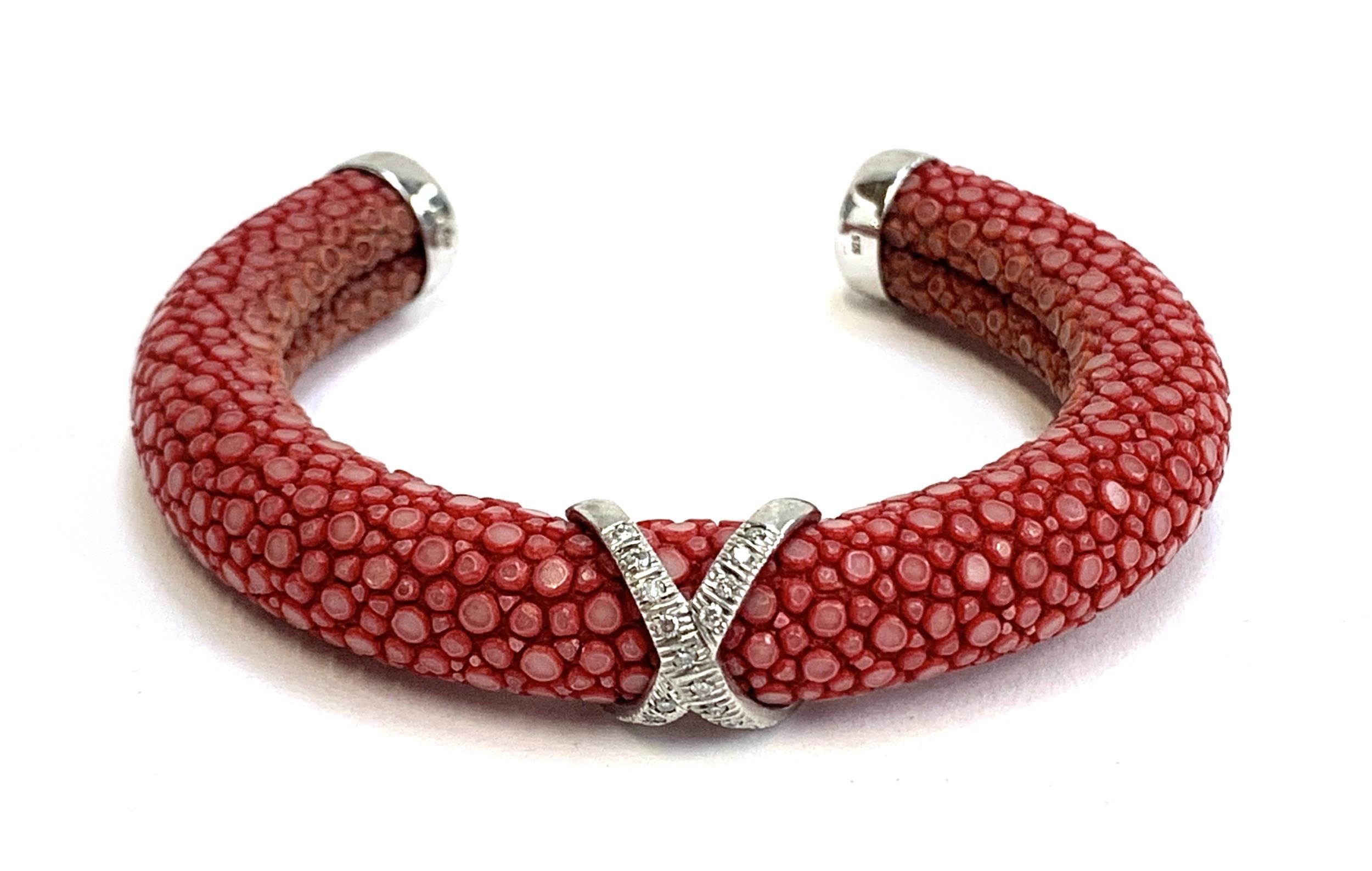 A red shagreen, silver and diamond bangle, 7.5cmW, 29g
