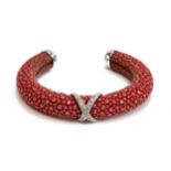 A red shagreen, silver and diamond bangle, 7.5cmW, 29g