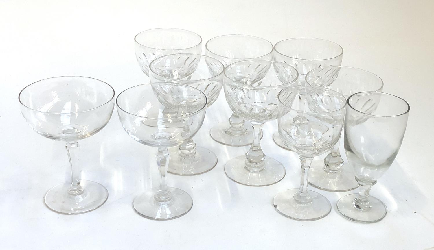 A pair of hand blown champagne cups with cut faceted stems, together with a further set of six cut - Image 2 of 2