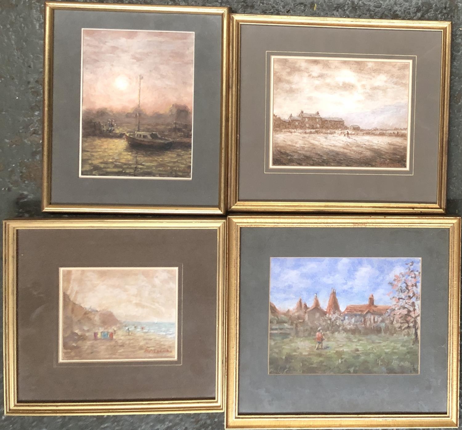 Peter WG Coombs (1927-2007), four pastel studies comprising of two village scenes, a beach scene,