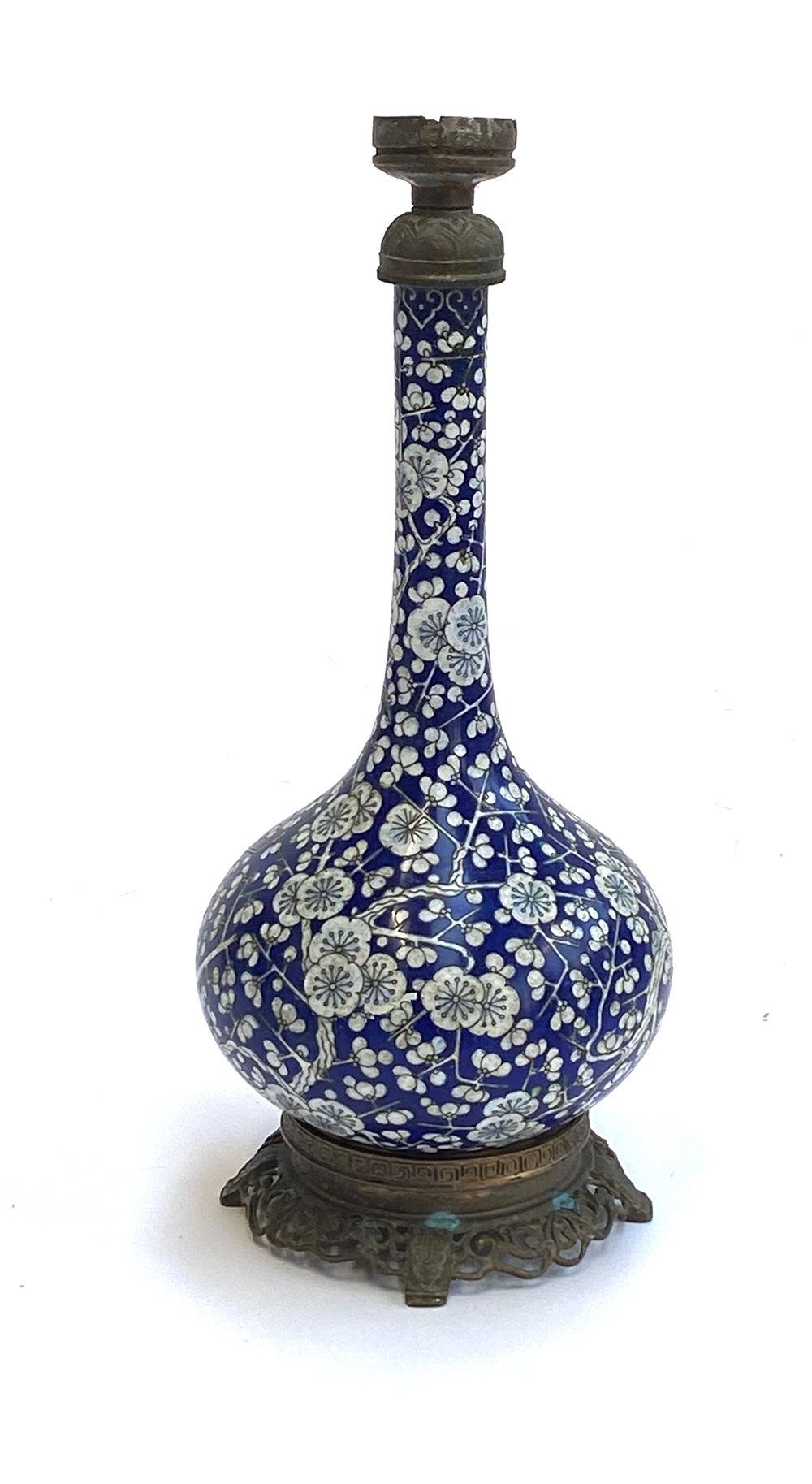 A late 19th/early 20th century Chinese cloisonne enamel vase, prunus design, partially converted for