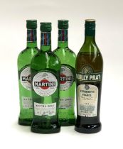 Three bottles Martini Extra Dry (75cl 15%); together with one bottle of Noilly Prat Vermouth, (75cl,