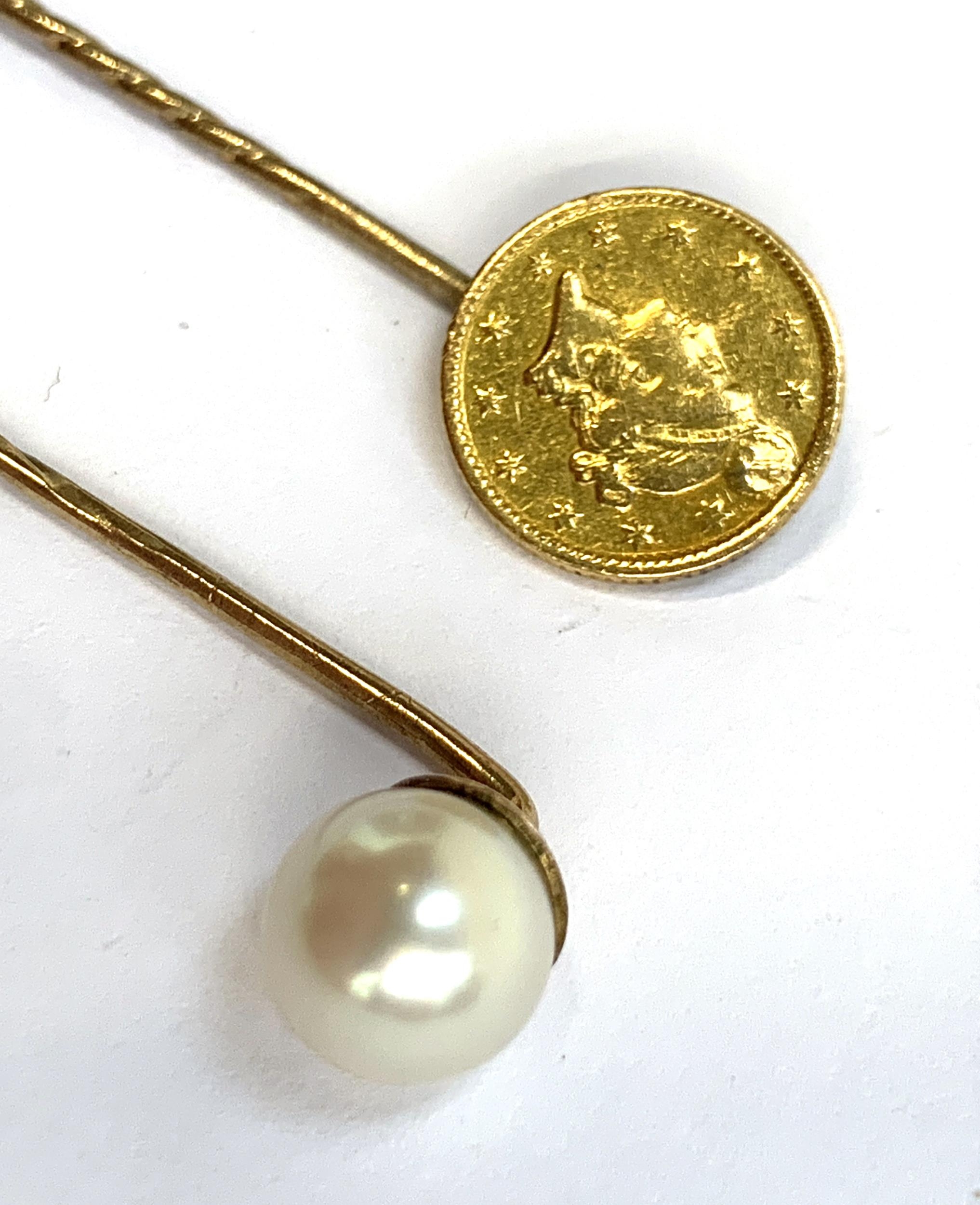 A gold 1851 United States of America One Dollar stickpin, with repaired drilled hole, gross weight - Image 2 of 2