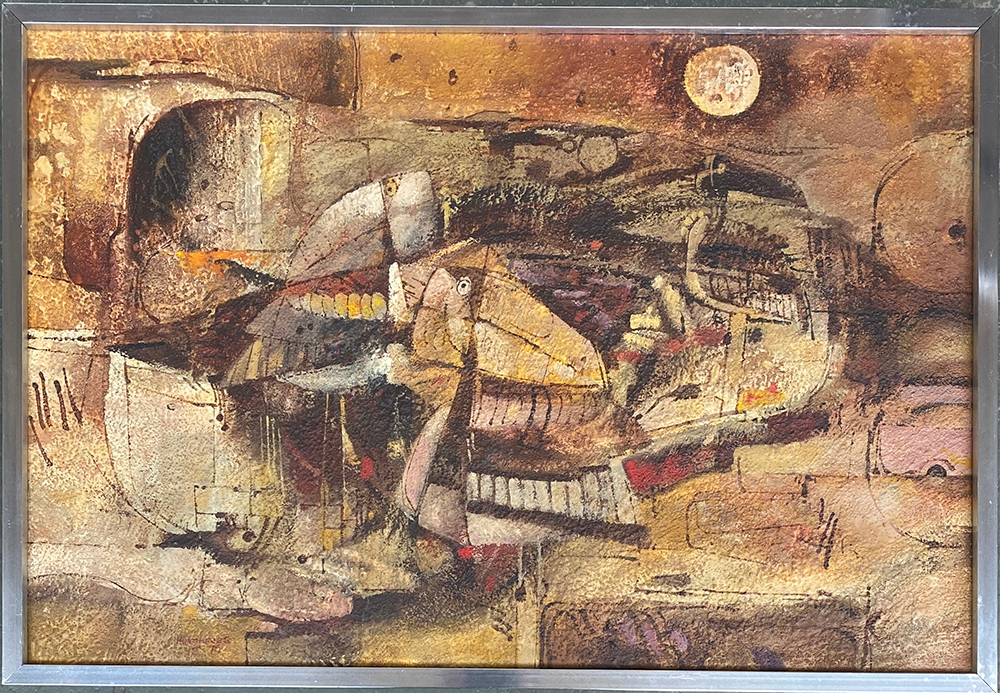 Hatip Hutchings (?), oil on board, abstract bird painting, signed and dated 1976 lower left, 44x66cm