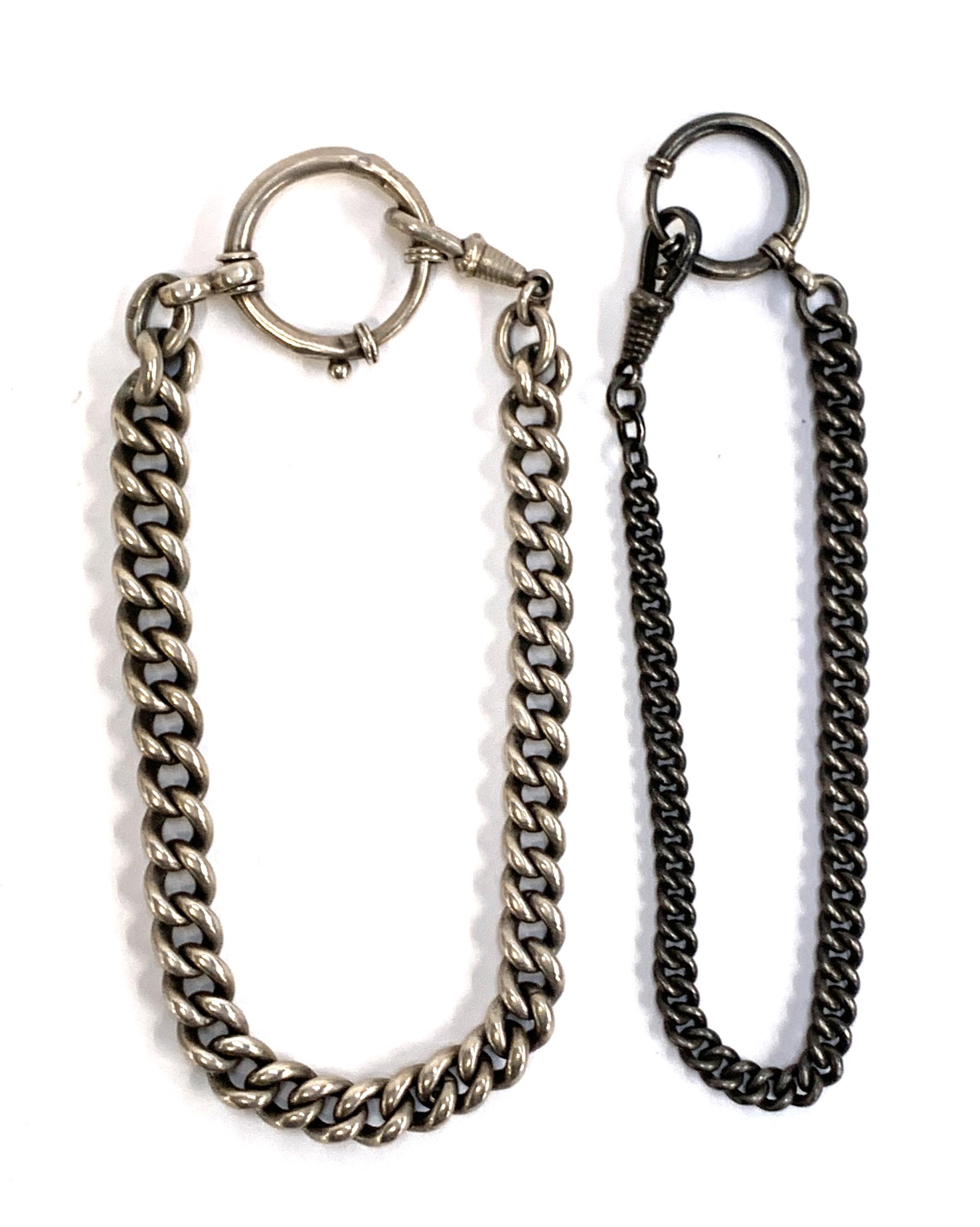 Two 800 grade silver watch fob chains, both with large bolt rings and dog clips, 25cm and 30cm