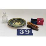 A mixed lot to include no 39 ceramic house number; Majolica charger depicting a swan, two nut