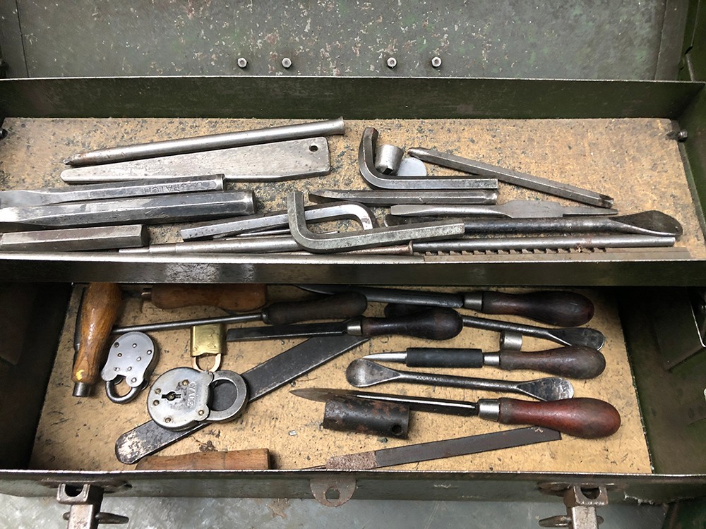 Two vintage green painted tool boxes, containing a quantity of very large spanners, sockets etc - Image 2 of 4