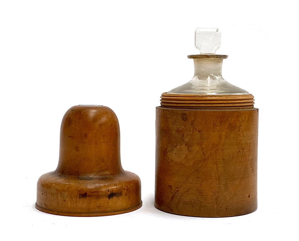 A treen apothecary bottle holder with glass bottle and stopper, 13cmH - Image 2 of 3