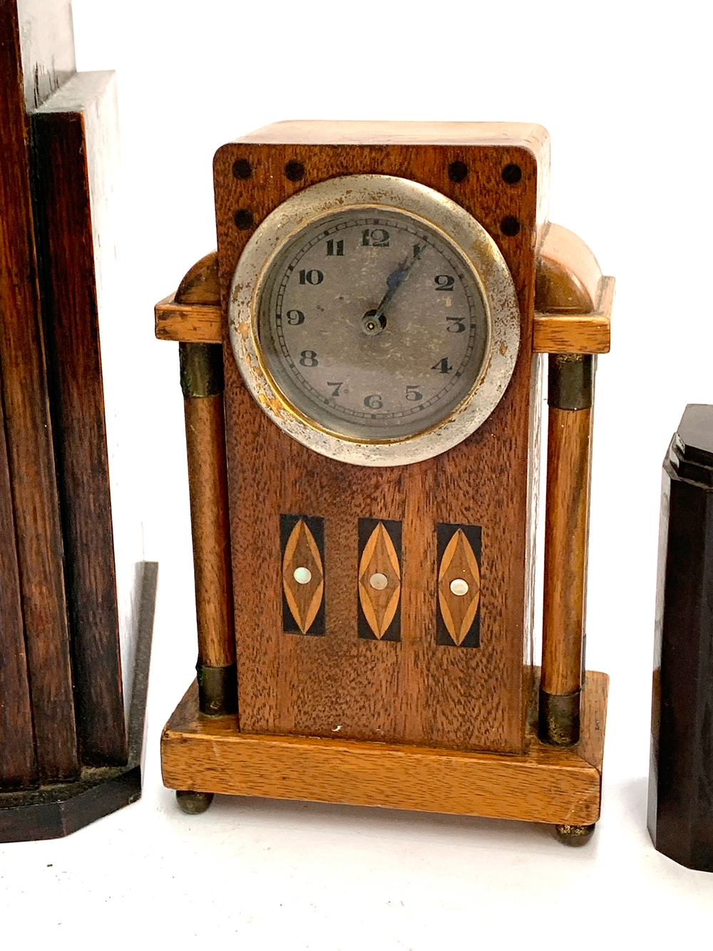 An Art Deco style mantel clock; a smaller bakelite mantel clock; a small oak and marquetry mantel - Image 2 of 2