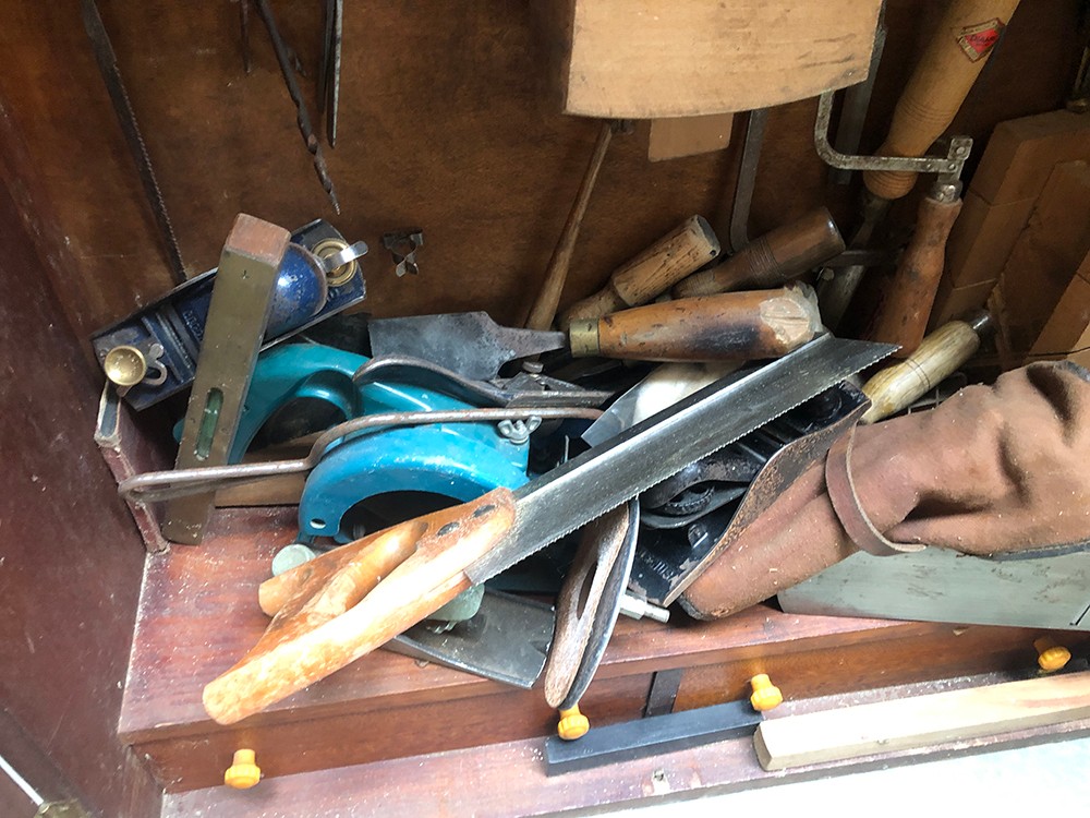 A teak carpenters cabinet, fitted interior, hung with various tools, to include Marples chisels, - Image 3 of 4