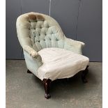 A 19th century button back walnut bedroom chair, in need of reupholstry, 81cmW