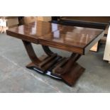 A contemporary macasser ebony centre table, 160x66x74 with additional leaves each 23cmL