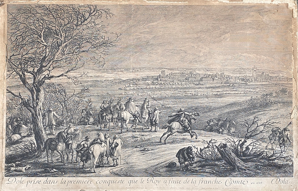 After Adam Frans van der Meulen (1632-1690), a late 17th century engraving, 'Dole prise dans la