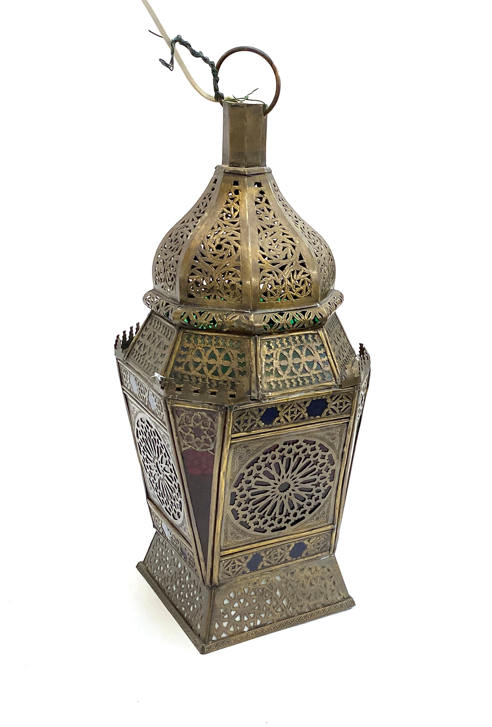 An eastern pierced metal and coloured glass lantern, fitted for electricity, 52cmH