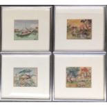 Four small Vietnamese watercolours to include gardening scene, riverboat etc, all indistinctly