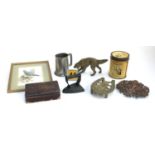 A mixed lot to include heavy brass figure of a setter, pewter tankard, AA car badge, trivet, Good