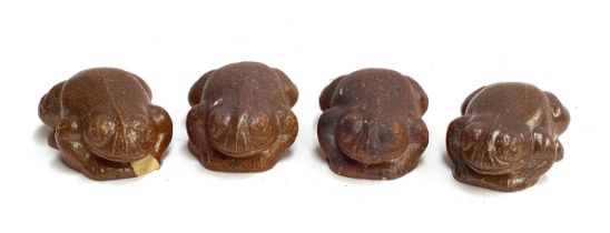 Four Errington Reay & Co. Bardon Mill salt glazed stoneware frogs, 9.5cmL