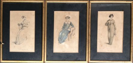 A set of three early Victorian prints depicting ladies in morning, evening, and half dress, each