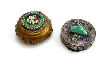 An early 20th century Chinese export silver and enamel pill box set with a central turquoise