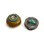 An early 20th century Chinese export silver and enamel pill box set with a central turquoise