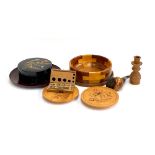 A lot of wooden items to include fruit bowl; candlestick; pipe; Japanese lacquered box depicting Mt.