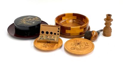A lot of wooden items to include fruit bowl; candlestick; pipe; Japanese lacquered box depicting Mt.