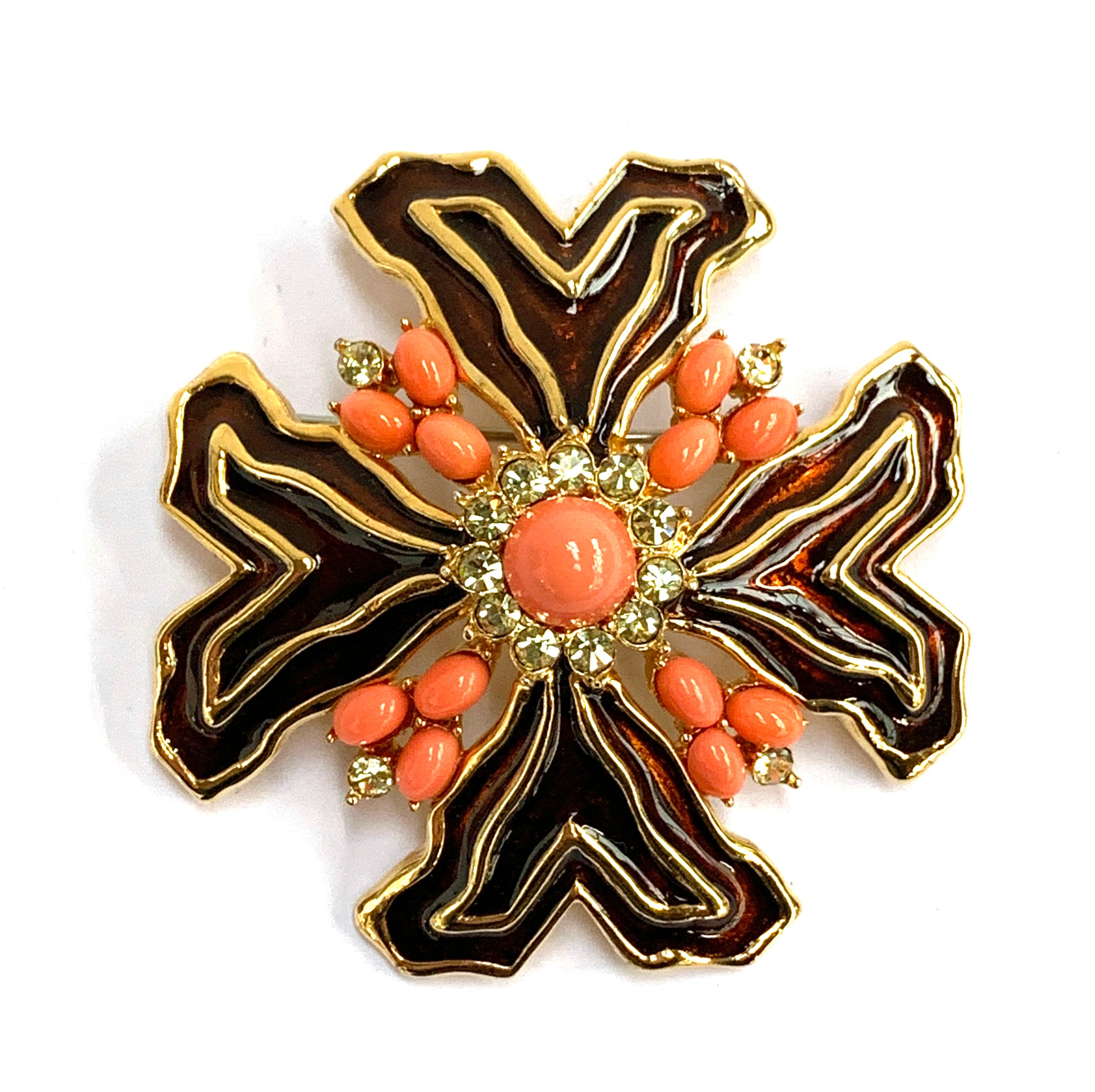 A Jomaz gilt metal, enamel and coral coloured glass pendant brooch of floral form, 6cmD