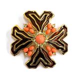 A Jomaz gilt metal, enamel and coral coloured glass pendant brooch of floral form, 6cmD