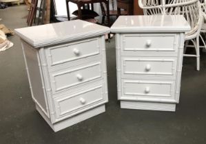 A pair of white painted faux bamboo bedside cabinets, each of three drawers, 55x47x71cmH