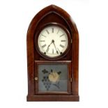 A Gothic arched mahogany mantel clock with engraved frosted glass panel, 47cmH