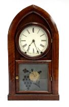 A Gothic arched mahogany mantel clock with engraved frosted glass panel, 47cmH