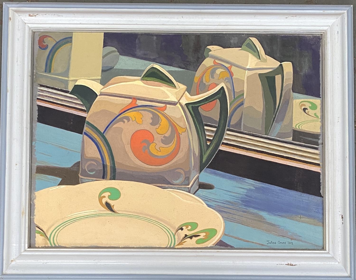 Still life of an Art Deco teapot and its reflection, oil on canvas, signed Jules Cross and dated