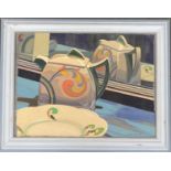 Still life of an Art Deco teapot and its reflection, oil on canvas, signed Jules Cross and dated