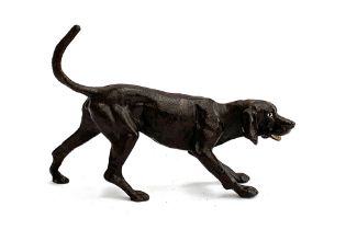 A cast metal and painted hound, approx 23cmL