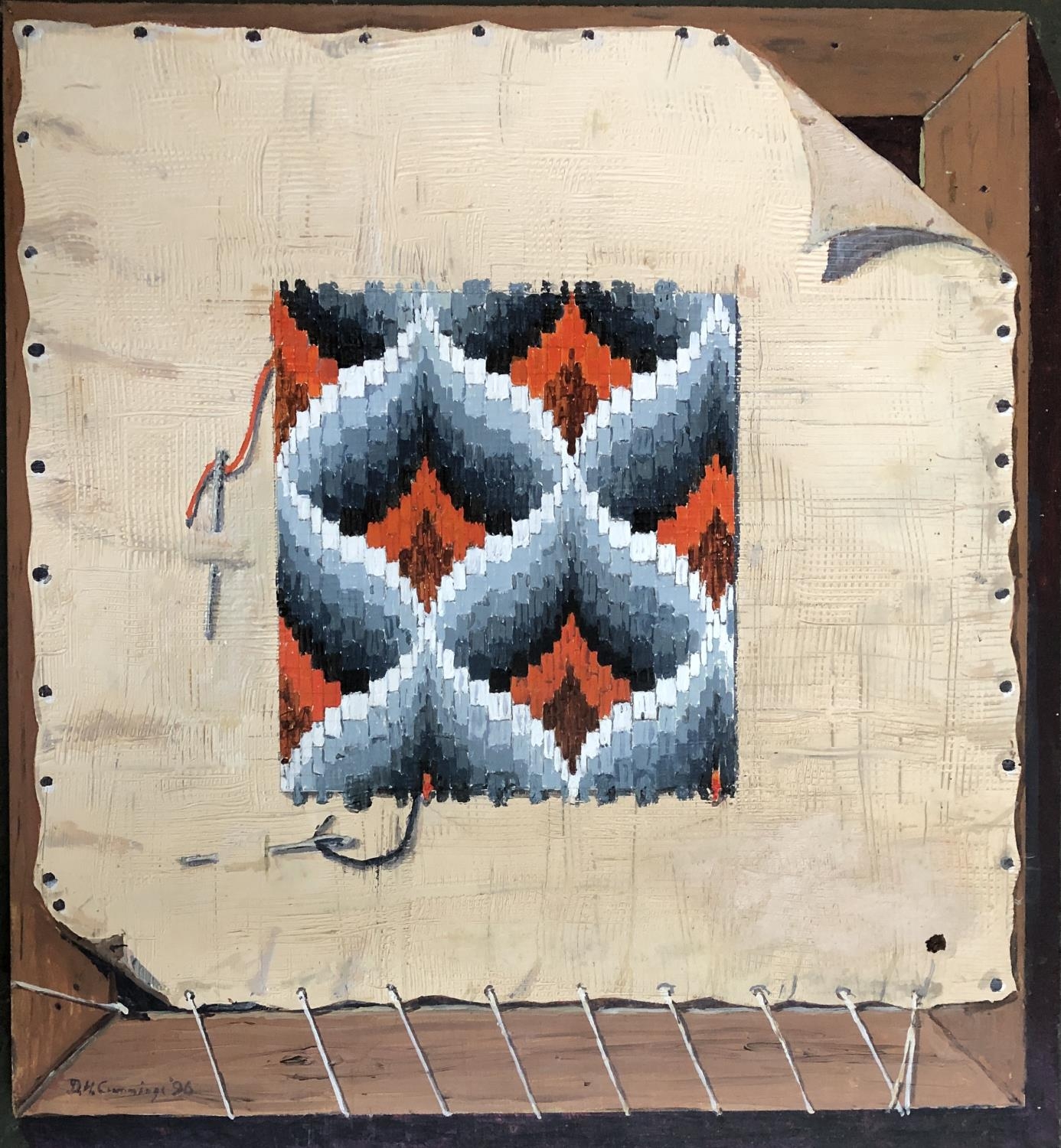 DH Cummings (b.1925), oil on board, 'Bargello Sampler', signed and dated '96, 33x30.5cm
