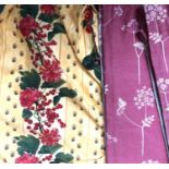 A pair of small yellow curtains with cherry and leaf design, lined, approx 47cm width at pinch pleat