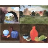 Four oils on board, comprising of two still life studies, bridge scene, and field with castle, the