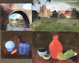 Four oils on board, comprising of two still life studies, bridge scene, and field with castle, the