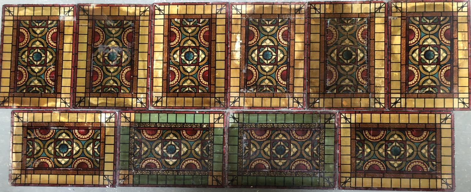 Ten arts & crafts stained glass style panes (prints on glass) (af), 55x39.5cm