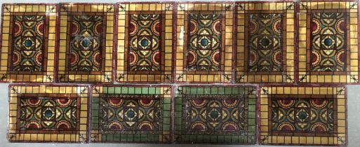 Ten arts & crafts stained glass style panes (prints on glass) (af), 55x39.5cm