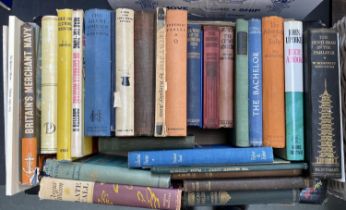 BOOKS: a box, and a wicker basket of books. SIGNED copies (Ranulph Fiennes, Derek Dougan, and